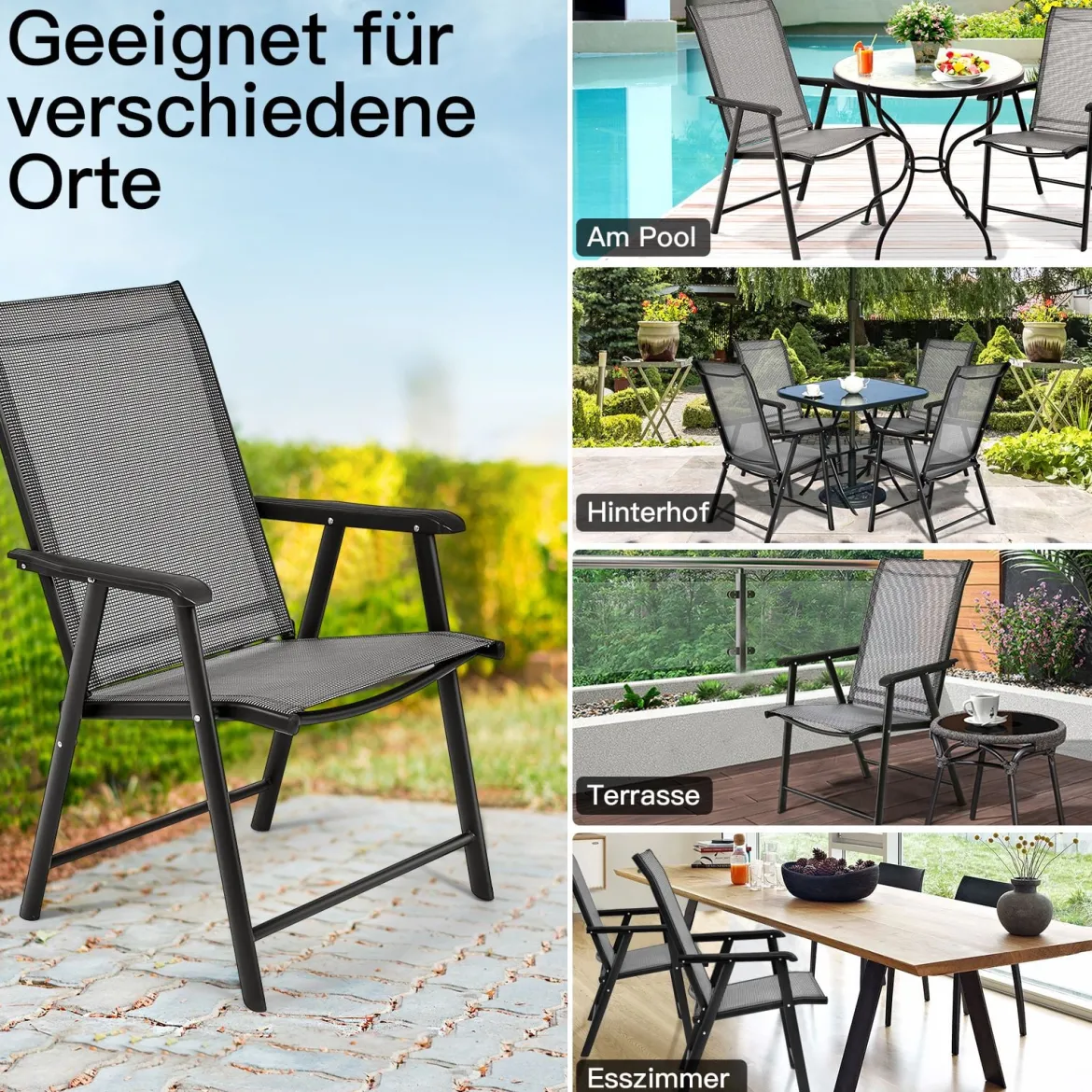 2er Set Gartenstuhl Klappstuhl Terrassenstuhl für Campingausflüge Campingstuhl klappbar Grau