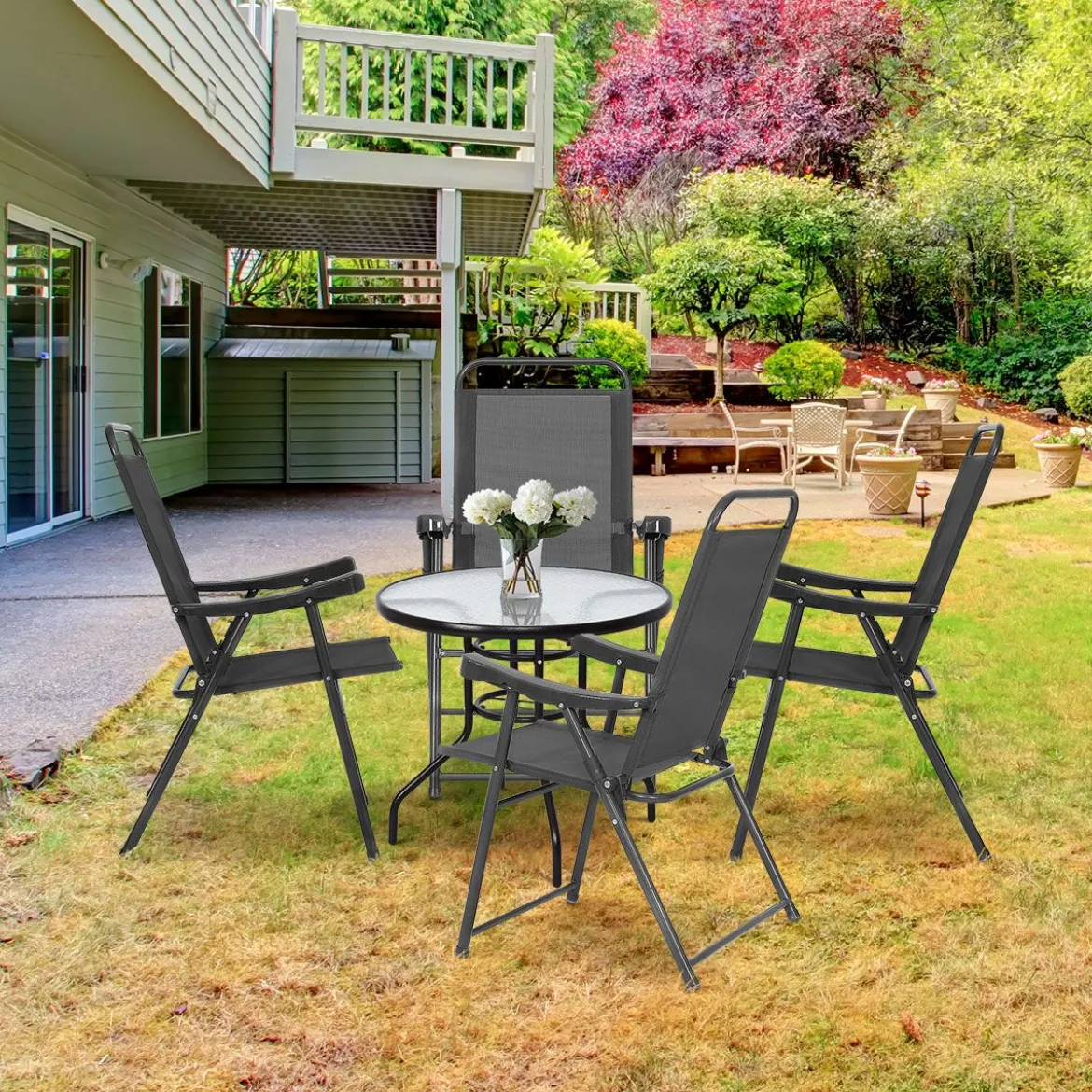 4er Set Gartenstuhl Klappstuhl aus Textilene Terrassenstuhl Hochlehner klappbarer Campingstuhl dunkelgrau