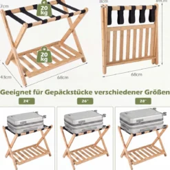2er Set Gepäckablage Bambus Klappbarer Kofferständer mit Ablagefach Gepäckträger Natur
