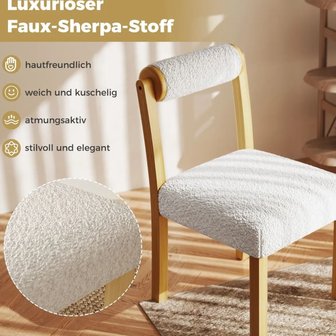 2er Set Gepolsterte Esszimmerstühle aus Holz mit Kunst Sherpa Bezug & Zylindrischer Rückenlehne