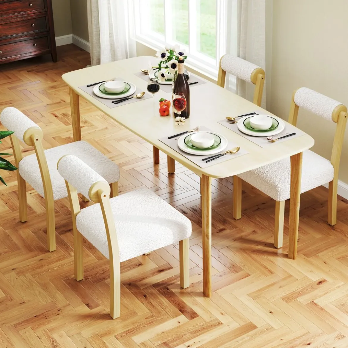 2er Set Gepolsterte Esszimmerstühle aus Holz mit Kunst Sherpa Bezug & Zylindrischer Rückenlehne