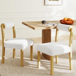 2er Set Gepolsterte Esszimmerstühle aus Holz mit Kunst Sherpa Bezug & Zylindrischer Rückenlehne