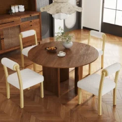 2er Set Gepolsterte Esszimmerstühle aus Holz mit Kunst Sherpa Bezug & Zylindrischer Rückenlehne