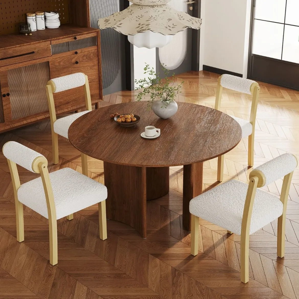 2er Set Gepolsterte Esszimmerstühle aus Holz mit Kunst Sherpa Bezug & Zylindrischer Rückenlehne