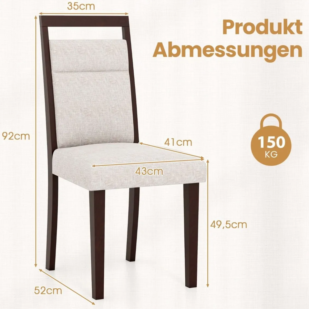 2er-Set gepolstertes Esszimmerstühle Küchenstuhl mit gepolstertem Sitz & neigbarer Rückenlehne Beige