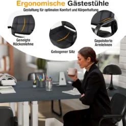 2er Set Gästestühle Ergonomischer Empfangsstuhl mit Metallrahmen & Gepolsterten Armlehnen Schwarz