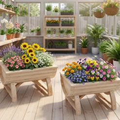 2er Set Hochbeet aus Tannenholz mit Entwässerungsloch Halbfass Blumenkasten