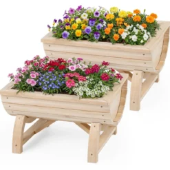 2er Set Hochbeet aus Tannenholz mit Entwässerungsloch Halbfass Blumenkasten