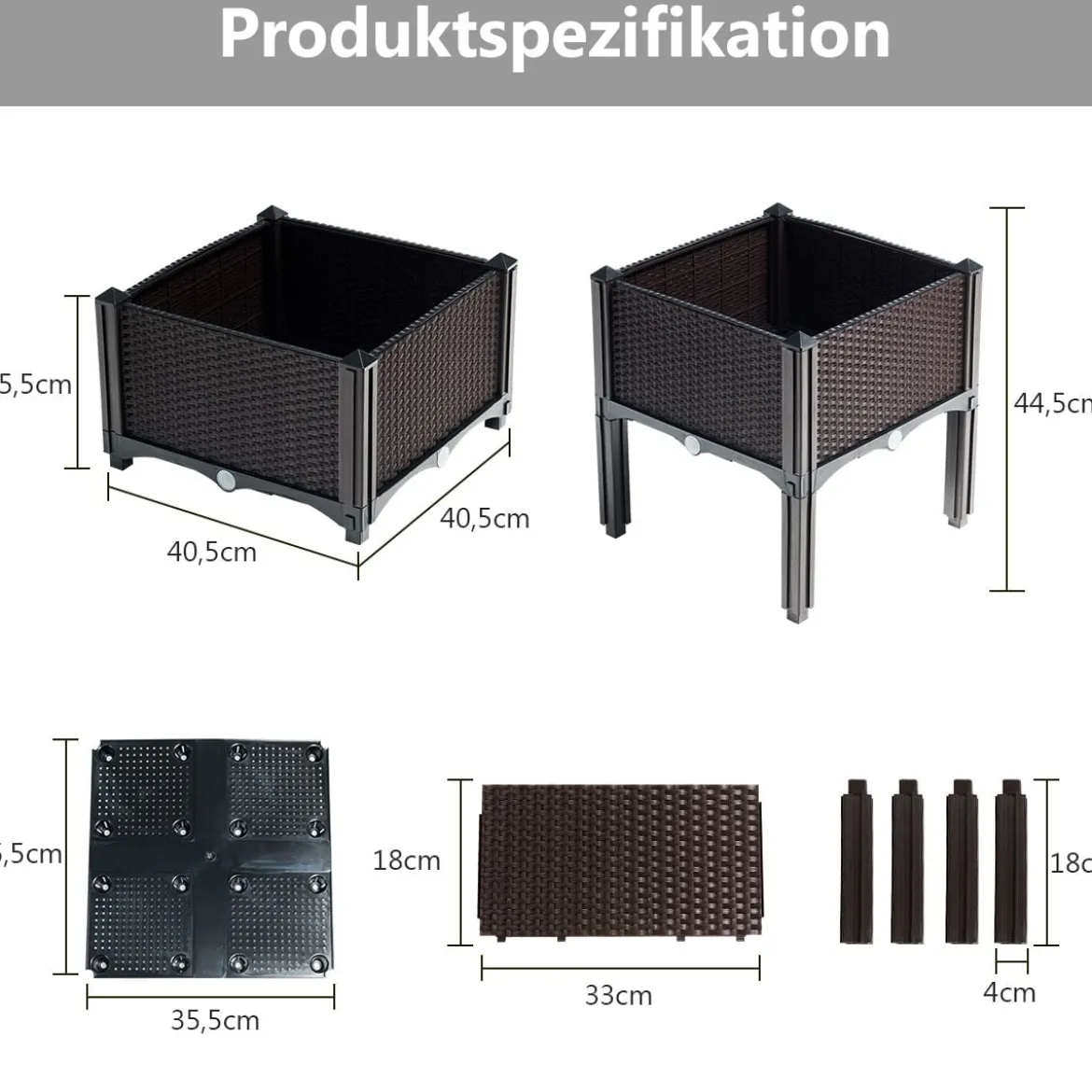 4er Set Hochbeet Blumenbeet Pflanzenbeet Blumenkasten für den Garten Pflanzkasten Frühbeet Blumentrog Pflanzhaus Braun