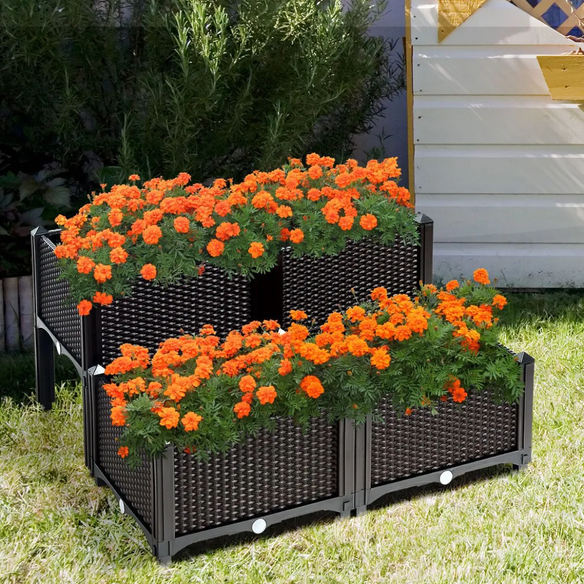 4er Set Hochbeet Blumenbeet Pflanzenbeet Blumenkasten für den Garten Pflanzkasten Frühbeet Blumentrog Pflanzhaus Braun
