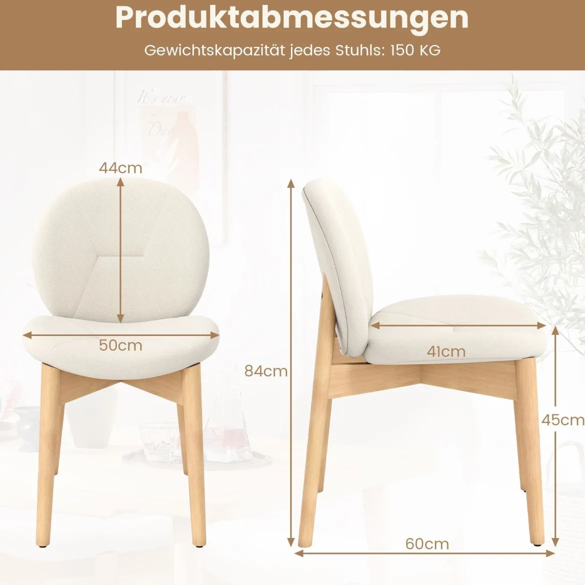 2er-Set Holz-Esstischstühle gepolsterte Küchenstühle mit Gummibaumholzbeinen Weiß