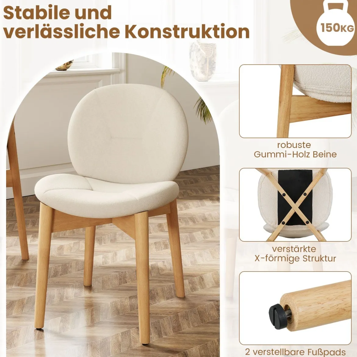 2er-Set Holz-Esstischstühle gepolsterte Küchenstühle mit Gummibaumholzbeinen Weiß