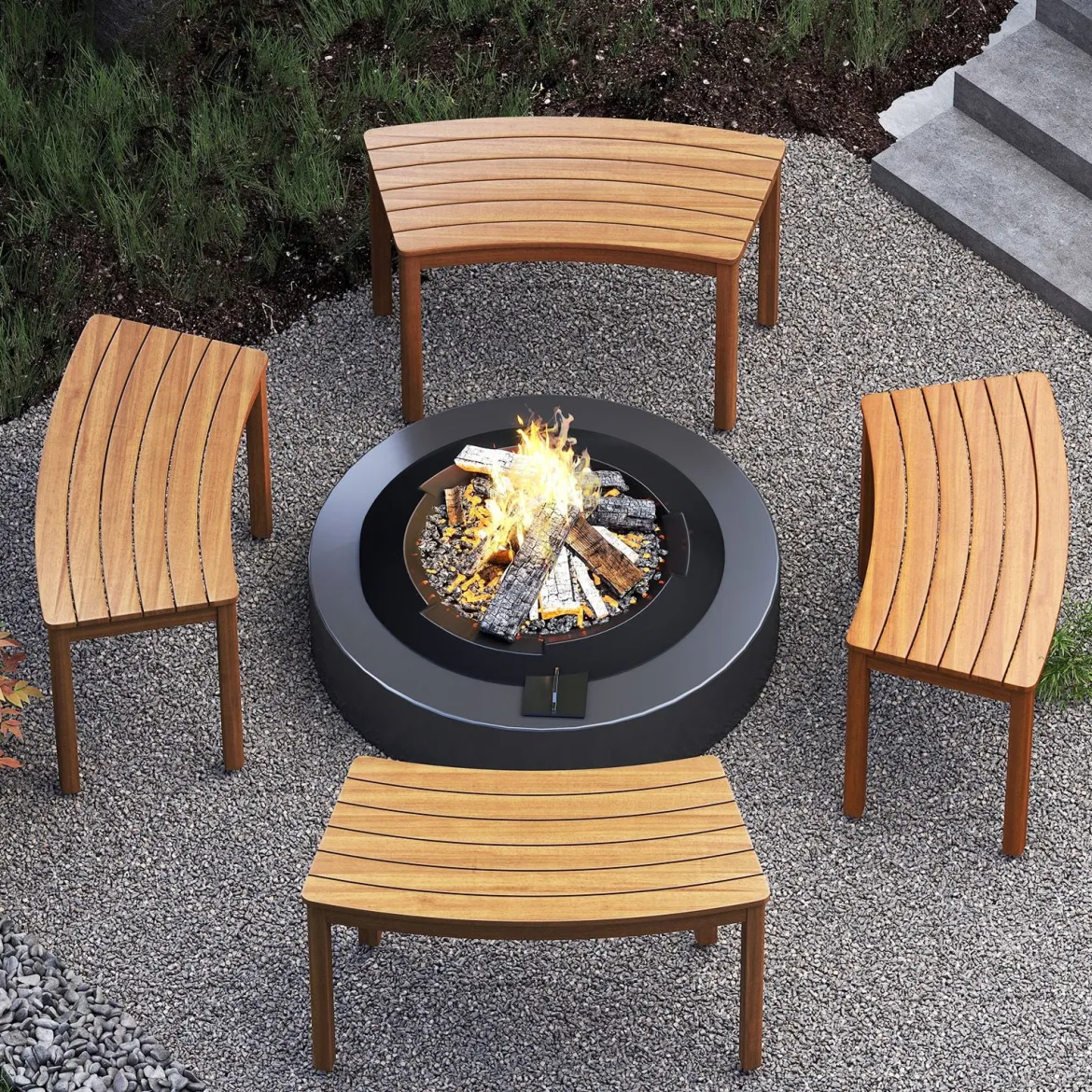 4er Set Holz Gartenbank ohne Rückenlehne Sitzbank Gebogene Holzbank Parkbank Natur