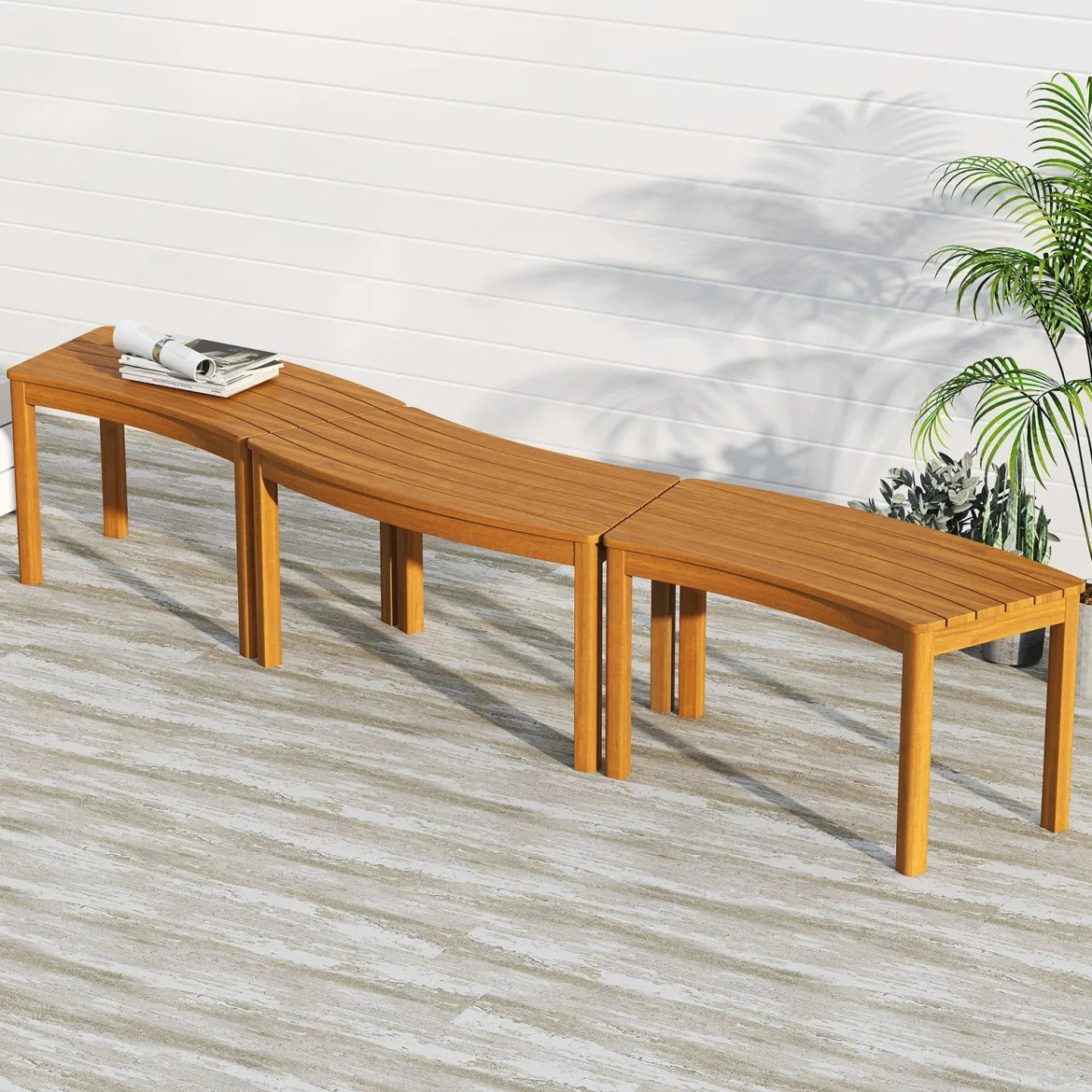 4er Set Holz Gartenbank ohne Rückenlehne Sitzbank Gebogene Holzbank Parkbank Natur