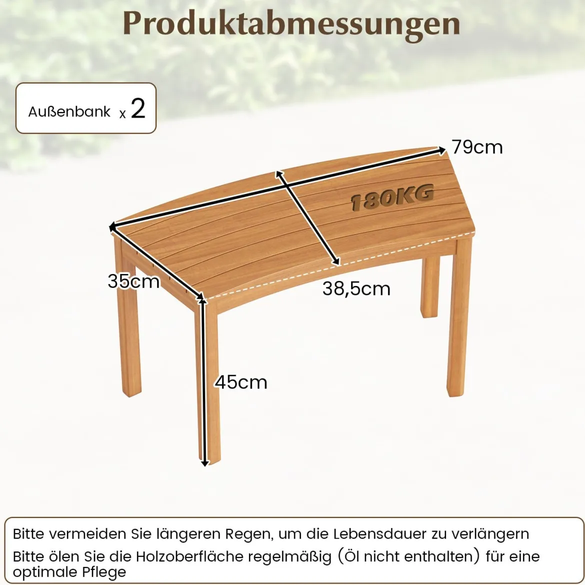2er Set Holz Gartenbank ohne Rückenlehne Sitzbank Gebogene Holzbank Parkbank Natur