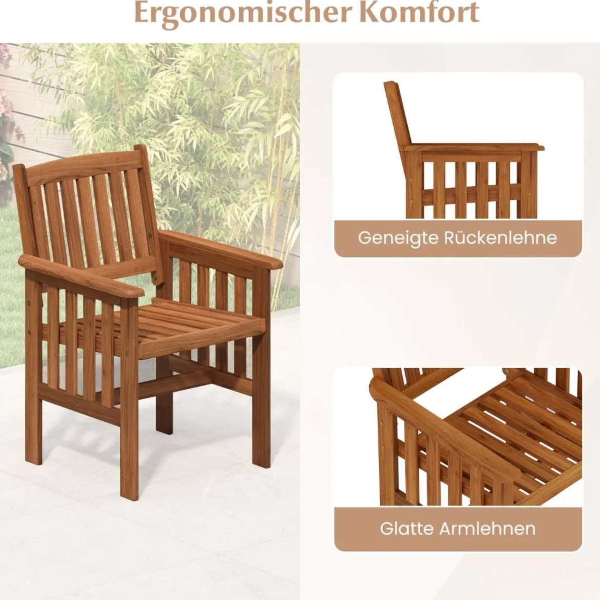 2er Set Holz Gartenstühle mit Armlehnen Balkonstühle Holzstühle Gartensessel 59 x 63 x 89 cm