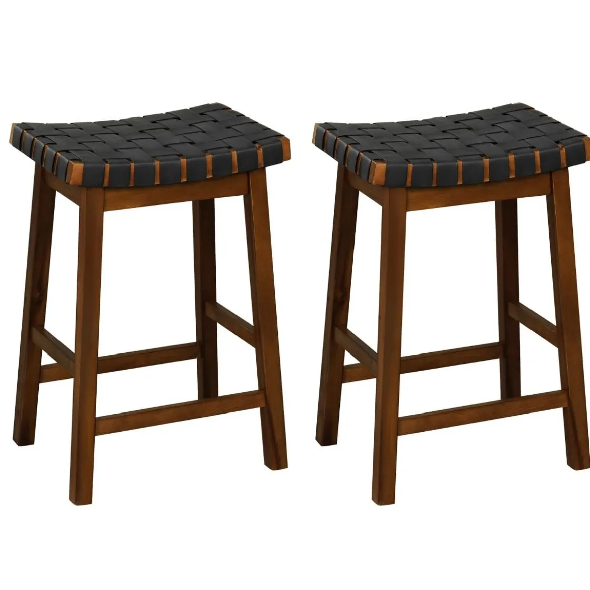 2er Set Holz Hocker mit PU-Gewebe & Geschwungener Sitzfläche & Fußstütze Barhocker