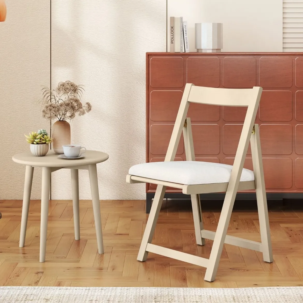 2er Set Holz Klappstühle mit Kissen Armless Stapelbare Esszimmerstühle Gepolsterte Stühle Natur