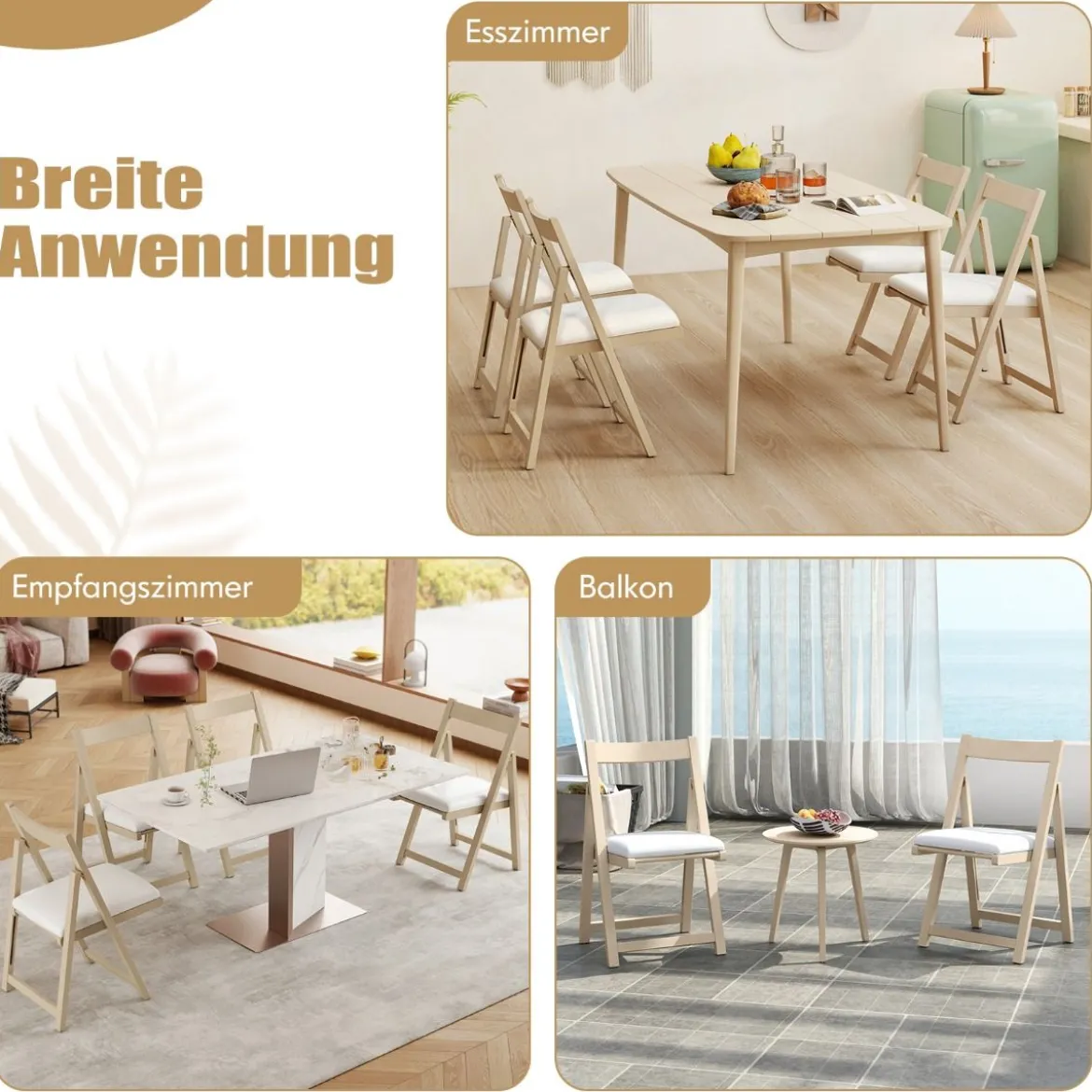 2er Set Holz Klappstühle mit Kissen Armless Stapelbare Esszimmerstühle Gepolsterte Stühle Natur
