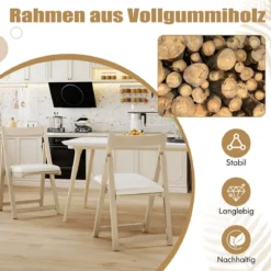 2er Set Holz Klappstühle mit Kissen Armless Stapelbare Esszimmerstühle Gepolsterte Stühle Natur