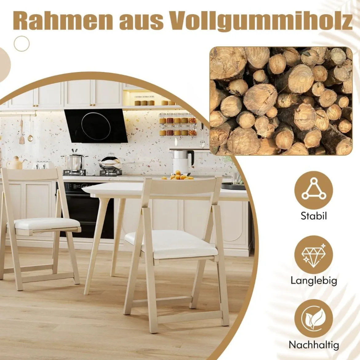 2er Set Holz Klappstühle mit Kissen Armless Stapelbare Esszimmerstühle Gepolsterte Stühle Natur