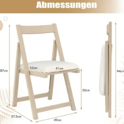 2er Set Holz Klappstühle mit Kissen Armless Stapelbare Esszimmerstühle Gepolsterte Stühle Natur