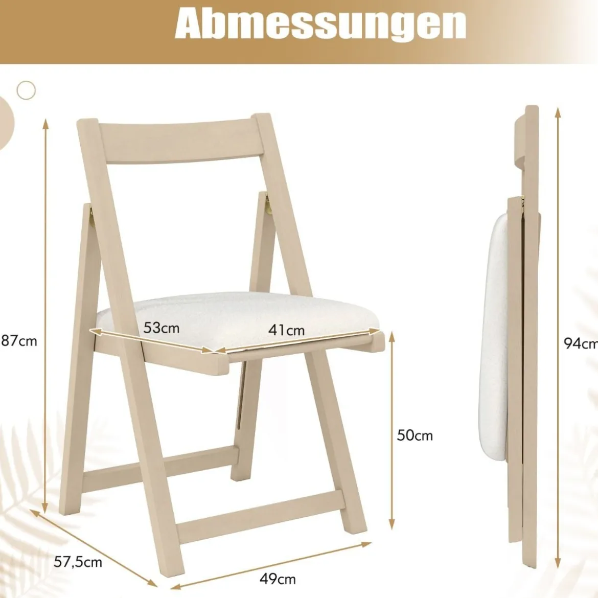 2er Set Holz Klappstühle mit Kissen Armless Stapelbare Esszimmerstühle Gepolsterte Stühle Natur