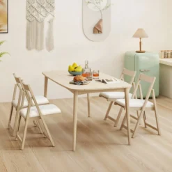 2er Set Holz Klappstühle mit Kissen Armless Stapelbare Esszimmerstühle Gepolsterte Stühle Natur
