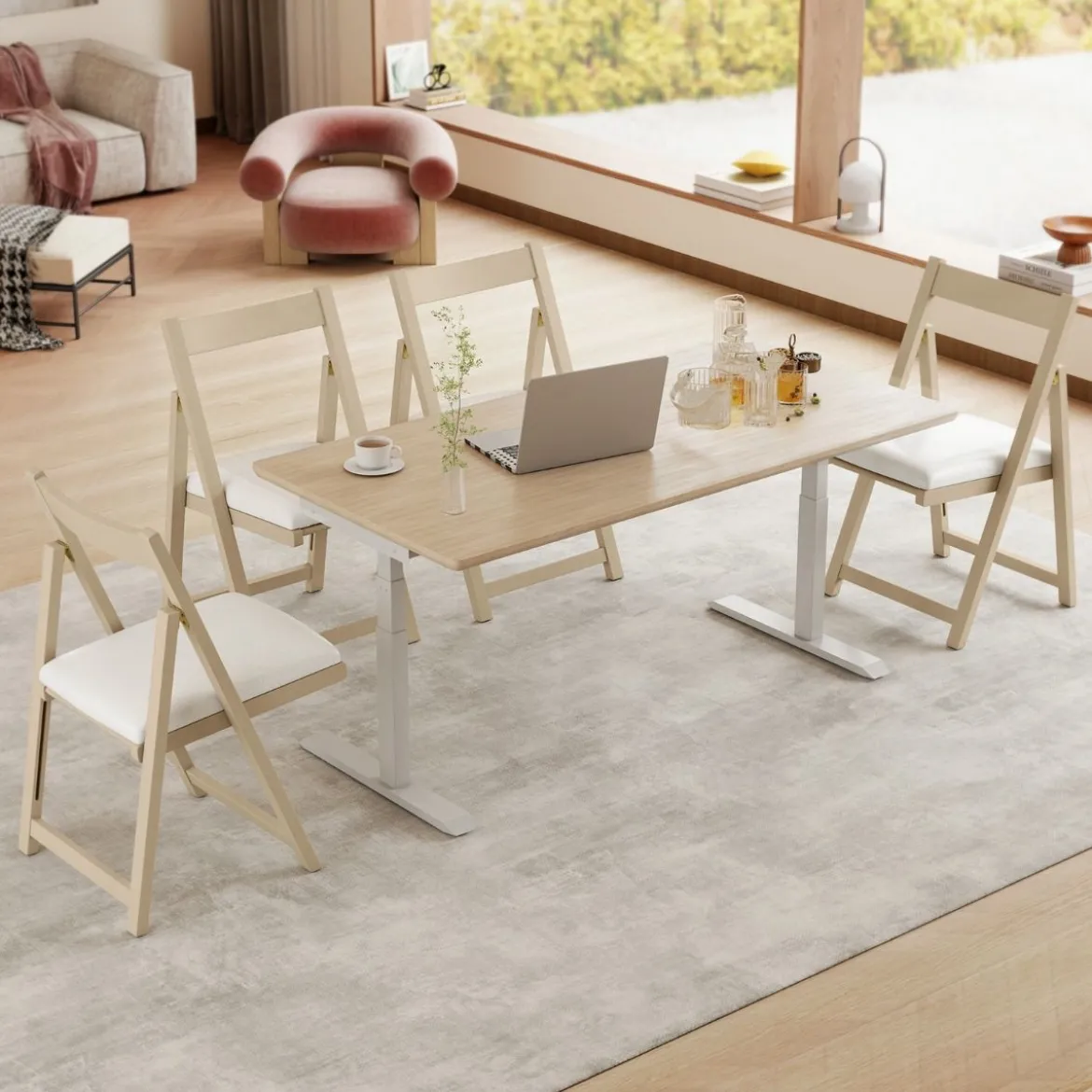 2er Set Holz Klappstühle mit Kissen Armless Stapelbare Esszimmerstühle Gepolsterte Stühle Natur