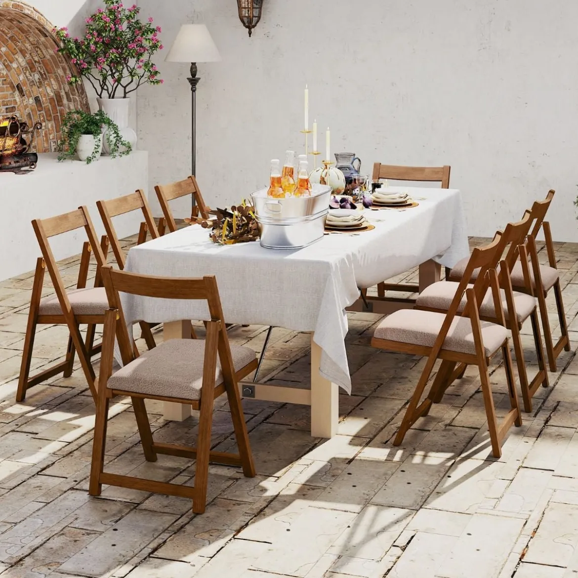 2er Set Holz Klappstühle mit Kissen Armless Stapelbare Esszimmerstühle Gepolsterte Stühle Walnuss