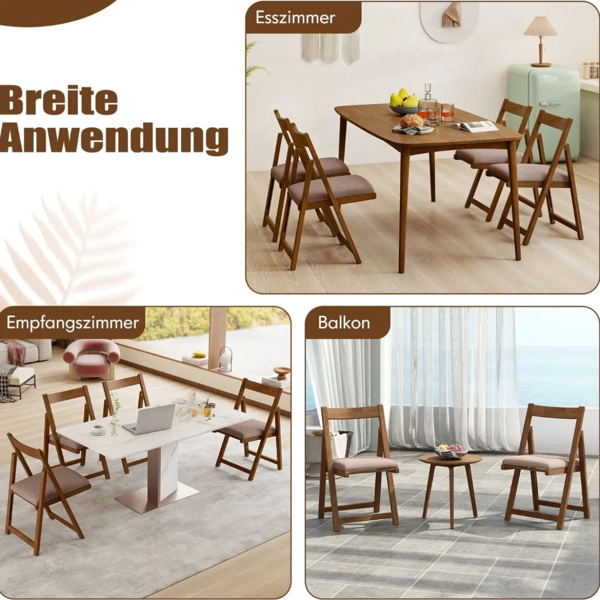 2er Set Holz Klappstühle mit Kissen Armless Stapelbare Esszimmerstühle Gepolsterte Stühle Walnuss