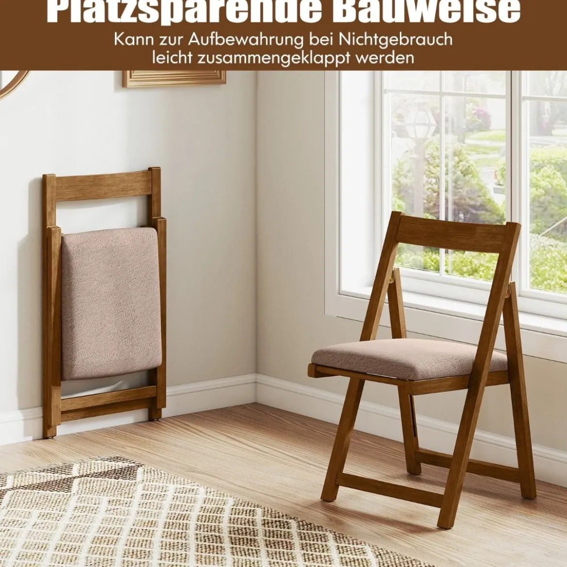 2er Set Holz Klappstühle mit Kissen Armless Stapelbare Esszimmerstühle Gepolsterte Stühle Walnuss