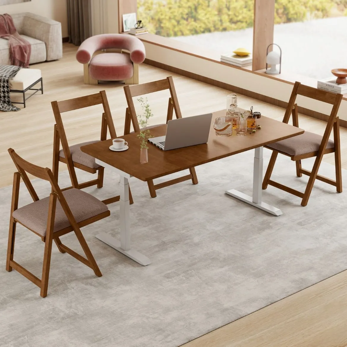 2er Set Holz Klappstühle mit Kissen Armless Stapelbare Esszimmerstühle Gepolsterte Stühle Walnuss