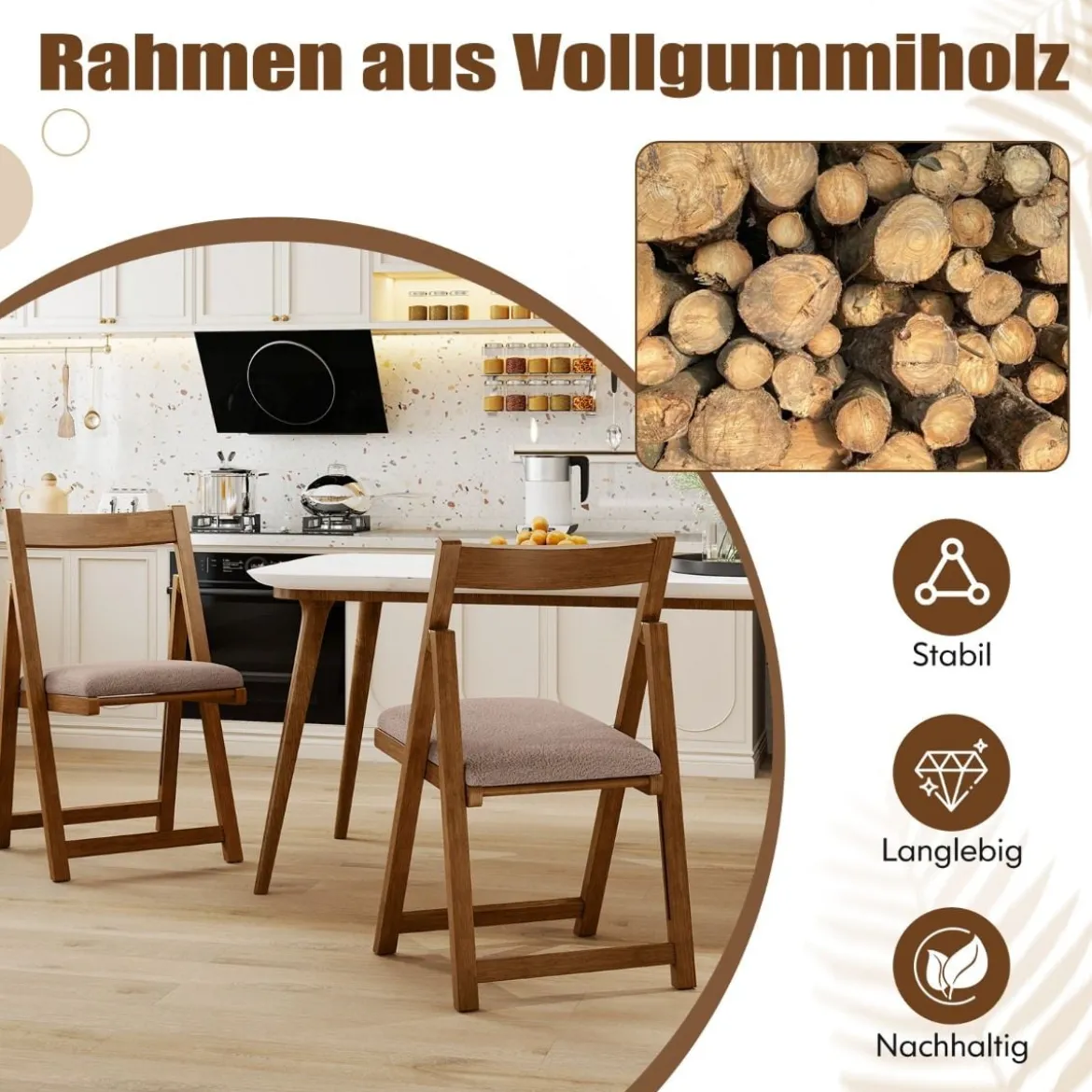 2er Set Holz Klappstühle mit Kissen Armless Stapelbare Esszimmerstühle Gepolsterte Stühle Walnuss