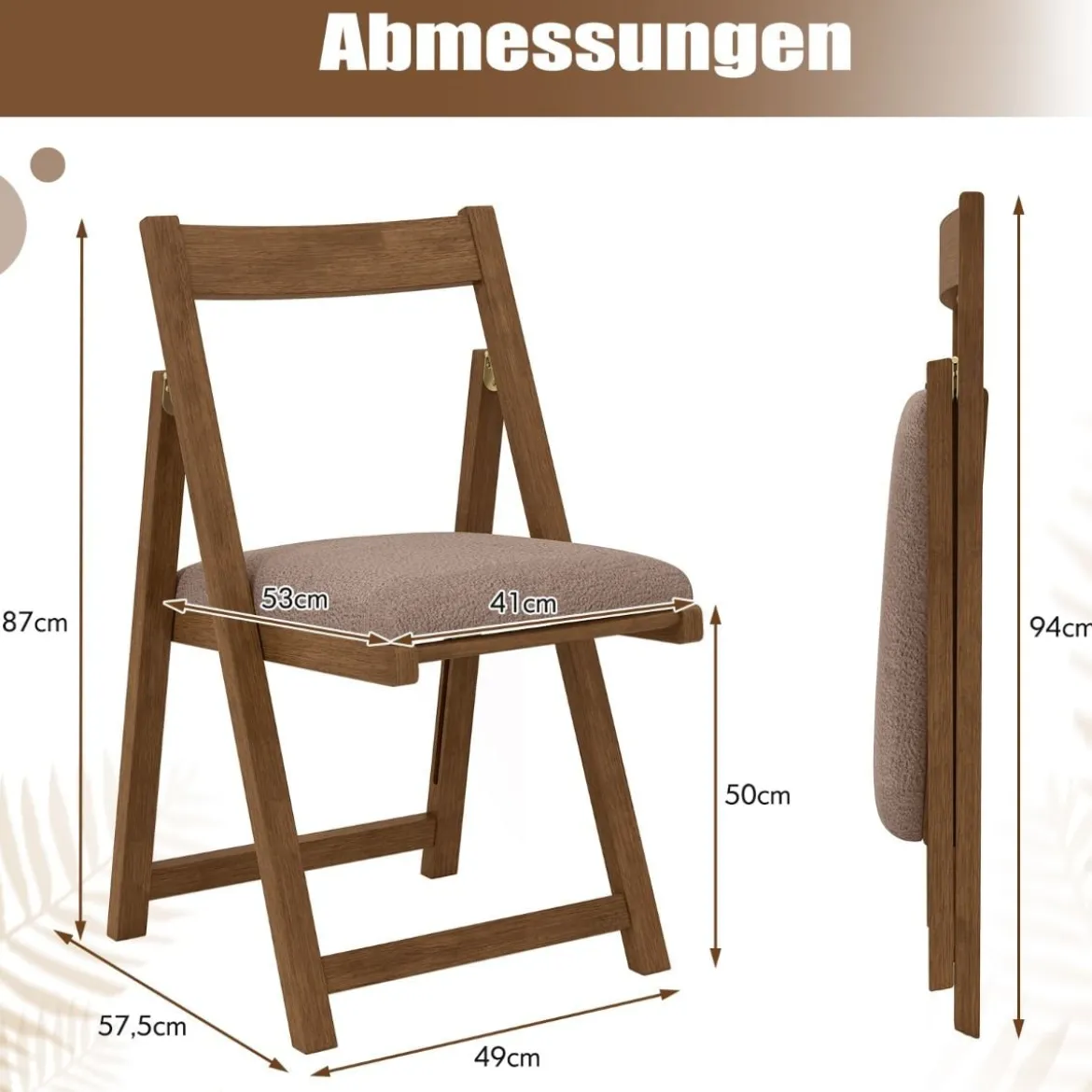 2er Set Holz Klappstühle mit Kissen Armless Stapelbare Esszimmerstühle Gepolsterte Stühle Walnuss