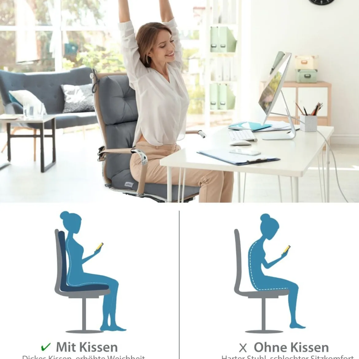 2er Set 2 in 1 Auflagen für Stuhl Bodenstuhl Sitzauflagen Polster mit Hoher Verstellbarer Rückenlehne Grau