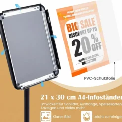 2er Set Infoständer A4 81–131 cm Höhenverstellbarer Menükartenhalter Drehbar mit Befüllbarem Sockel Schwarz