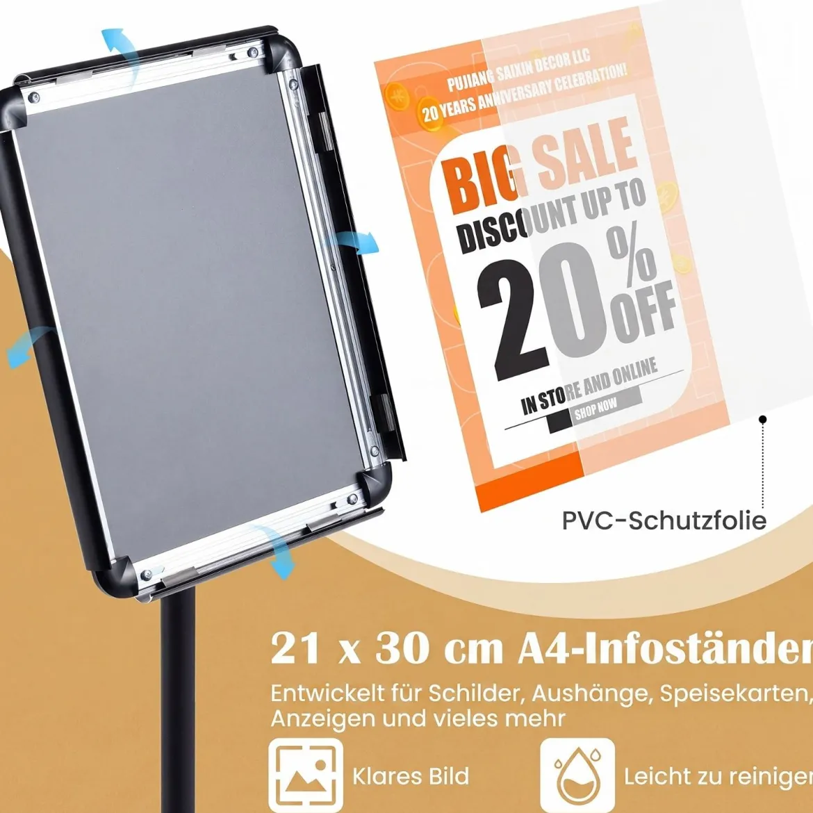 2er Set Infoständer A4 81–131 cm Höhenverstellbarer Menükartenhalter Drehbar mit Befüllbarem Sockel Schwarz