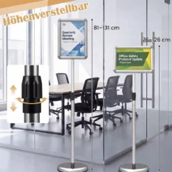2er Set Infoständer A4 81–131 cm Höhenverstellbarer Menükartenhalter Drehbar mit Befüllbarem Sockel Silber