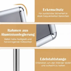 2er Set Infoständer A4 81–131 cm Höhenverstellbarer Menükartenhalter Drehbar mit Befüllbarem Sockel Silber