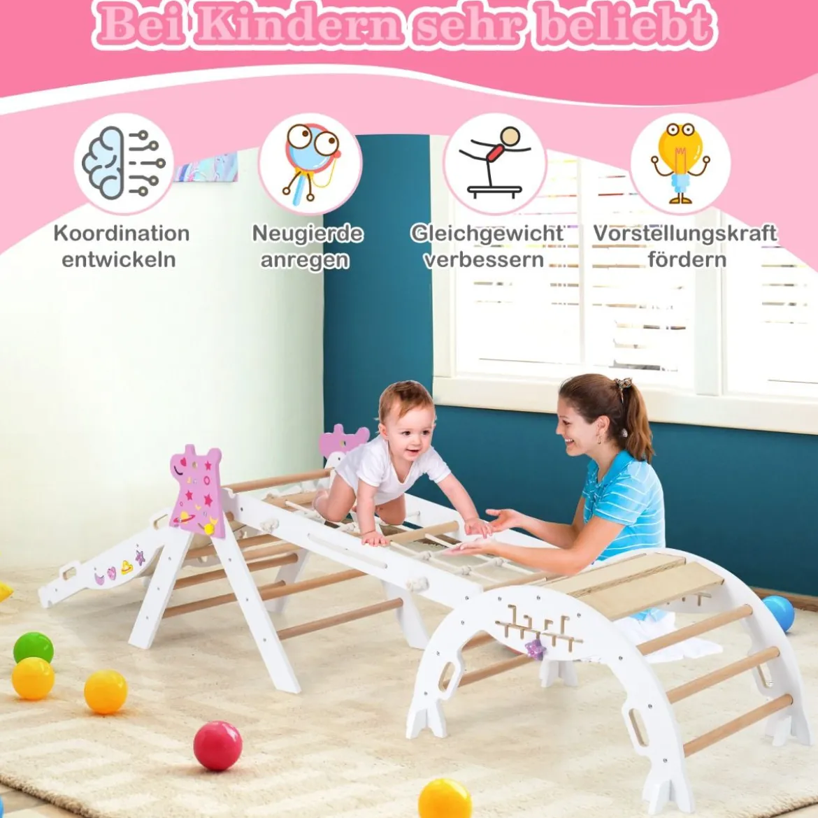 4er Set 9-in-1 Klettergerüst mit Rutsche & Kletterbogen & Netz Klappabres Kletterdreieck Weiß