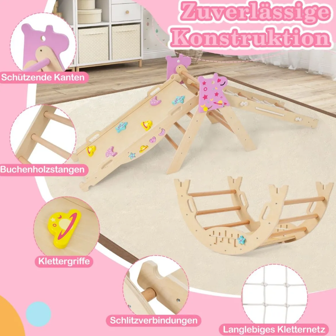 4er Set 9-in-1 Klettergerüst mit Rutsche & Kletterbogen & Netz Klappabres Kletterdreieck Natur
