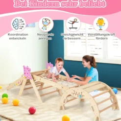 4er Set 9-in-1 Klettergerüst mit Rutsche & Kletterbogen & Netz Klappabres Kletterdreieck Natur