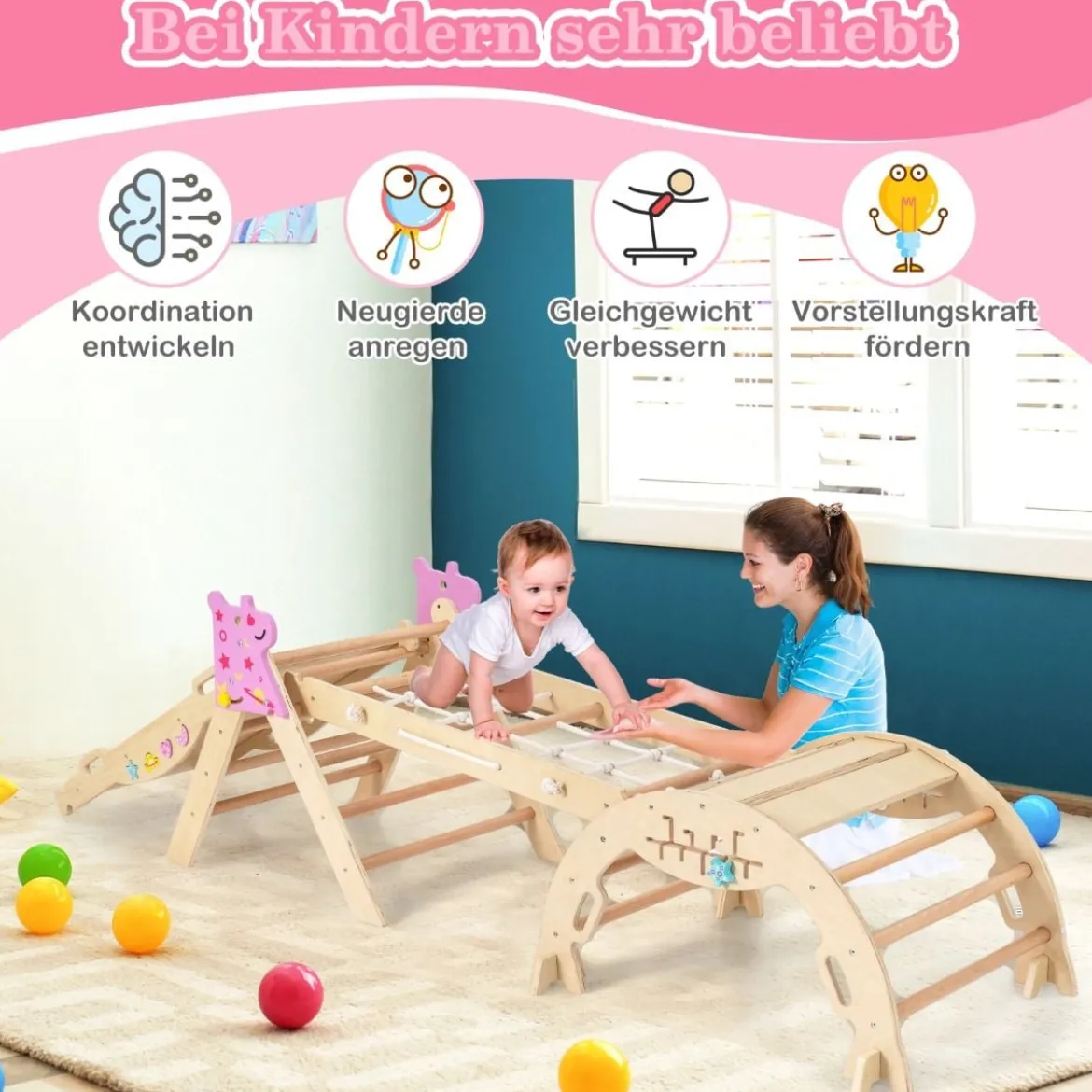 4er Set 9-in-1 Klettergerüst mit Rutsche & Kletterbogen & Netz Klappabres Kletterdreieck Natur