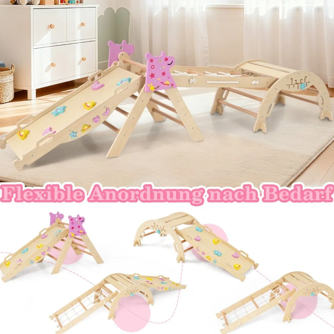 4er Set 9-in-1 Klettergerüst mit Rutsche & Kletterbogen & Netz Klappabres Kletterdreieck Natur