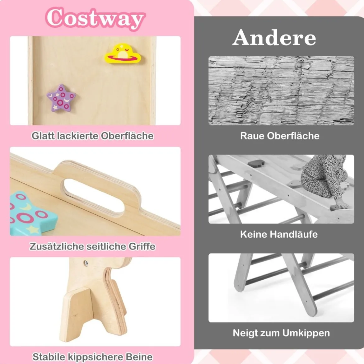 4er Set 9-in-1 Klettergerüst mit Rutsche & Kletterbogen & Netz Klappabres Kletterdreieck Natur