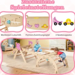 4er Set 9-in-1 Klettergerüst mit Rutsche & Kletterbogen & Netz Klappabres Kletterdreieck Natur