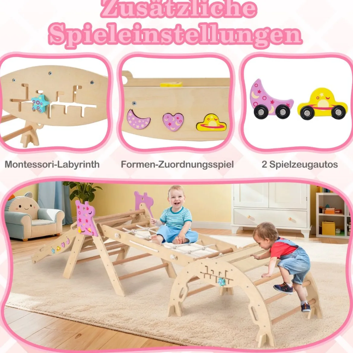 4er Set 9-in-1 Klettergerüst mit Rutsche & Kletterbogen & Netz Klappabres Kletterdreieck Natur