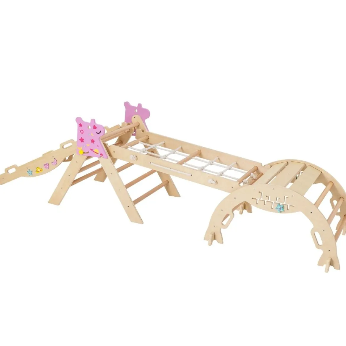 4er Set 9-in-1 Klettergerüst mit Rutsche & Kletterbogen & Netz Klappabres Kletterdreieck Natur