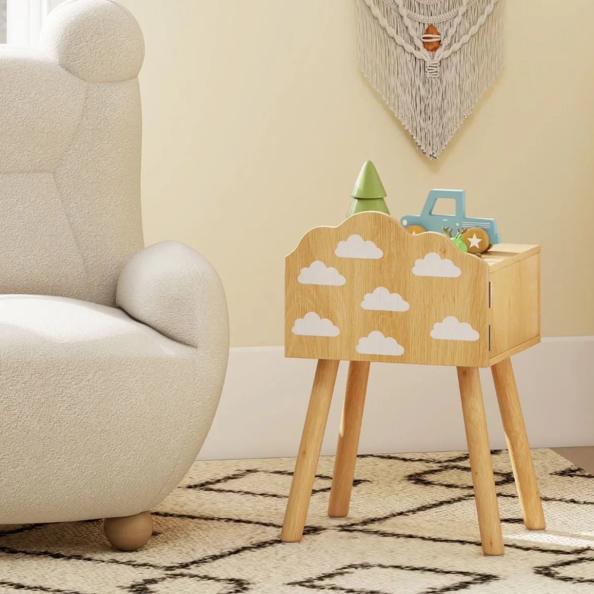 2 er Set Kinder Nachttisch Nachtschrank mit kleinem Schrank & Massivholzbeinen Beistelltisch niedlich 34 x 30 x 54 cm